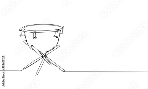 Timpani, tulumbas one line art. Continuous line drawing of Ethnic Drum, music, performer, song, vintage, rock, instrument, band, percussion, sound, bass, musician.