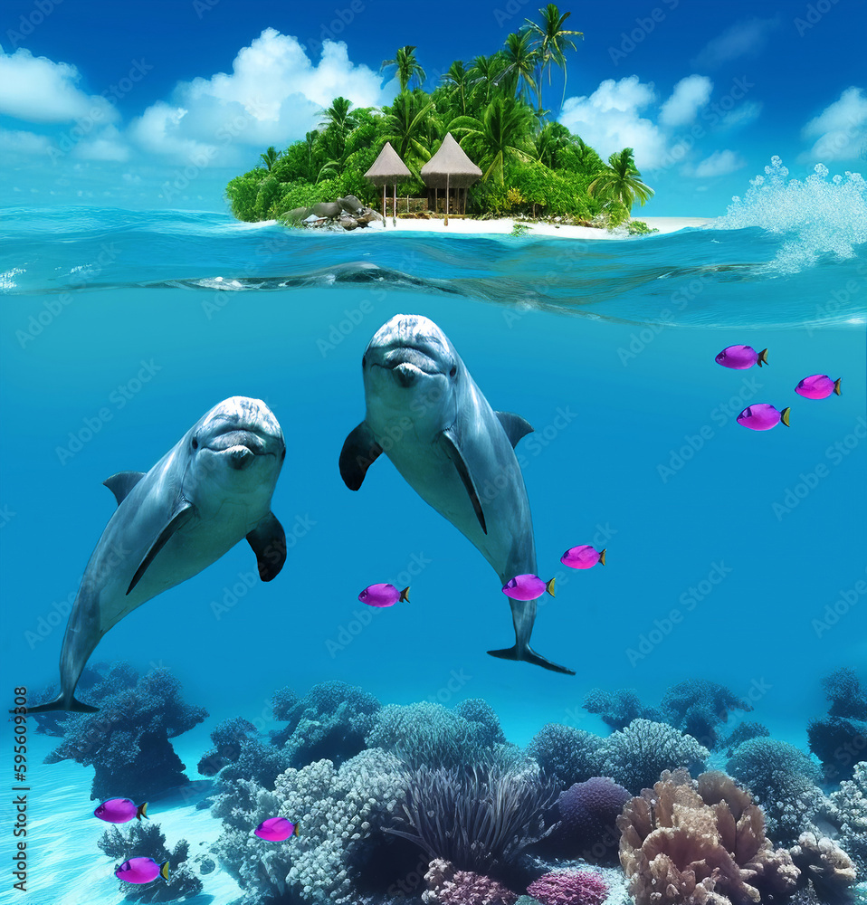 Dolphins under water at the coral reef
with exotic fishes. Underwater world.
A tropical island in the ocean. Algae,
corals and sea anemones on the seabed.