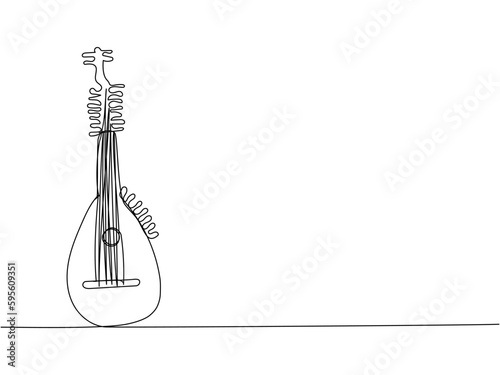 Torban one line art. Continuous line drawing of music, instrument, folk, musical, ukrainian, culture, acoustic, ethnic, lute, kobza, traditional, mandolin, string