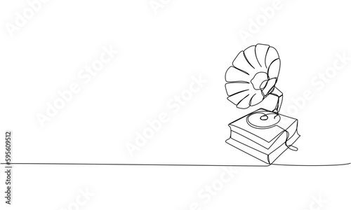 Gramophone one line art. Continuous line drawing of listen, instrument, volume, music, record, retro, vintage, vinyl, phonograph, player, studio, turntable, disc, speaker, radio, antique, sound