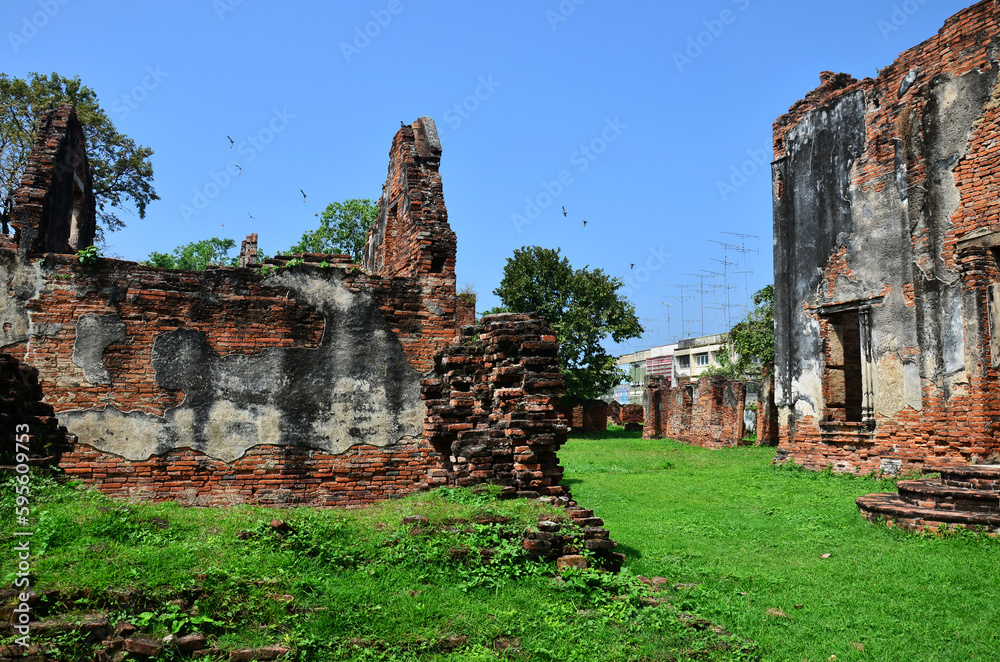 Ancient ruins brick building and antique architecture of official residence of ambassador home or Wichayen house for thai people and foreign traveler travel visit at Lopburi city in Lop Buri, Thailand