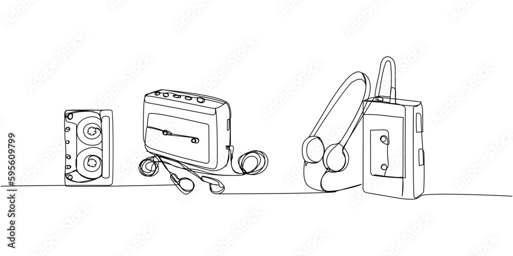 Portable cassette player, tape recorder, audio cassette set one line