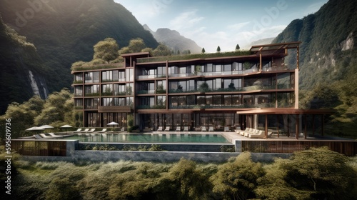 Picturesque Landscape Hotel, Exclusive Experience, Breath taking Mountain and Forest Views, Modern Luxury, Traditional Elegance, Rooftop Infinity Pool, Generative AI Illustration © John