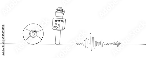 Karaoke, audio recording set one line art. Continuous line drawing of musical, cd disk, music waves, broadcasting, microphone, radio, music, karaoke, audio, sound, retro, record broadcast media