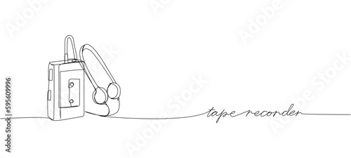 Portable cassette player, tape recorder one line art. Continuous line drawing of tape, retro, cassette, vintage, boombox, 80s, disco, 90s with an inscription, lettering, handwritten.
