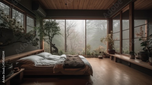 Enchanting Bedroom with Indoor Garden  Bed in the Middle  Unique Nature-Inspired Interior  Serene Oasis  Generative AI Illustration  