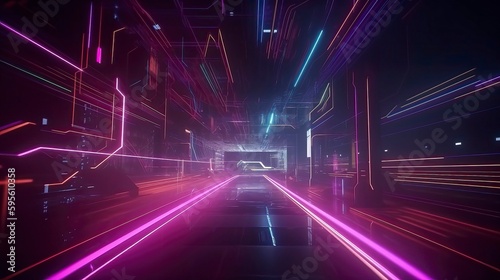  Science Fiction Futuristic Cyberpunk Neon Night City Street illustration Concept. generative Ai