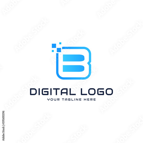 Vector tech letter b logo blue gradient geometric shape with square pixel dots technology logos