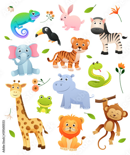 Set of wildlife animals cartoon character with decorative natural elements . Vector .