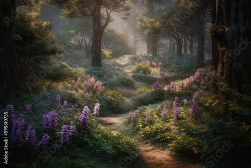 Oil painting of purple flower glade in forest with Christmas trees and birds. Generative AI