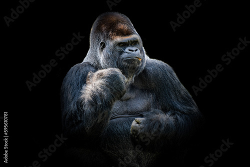 view of a silverback gorilla on a black background