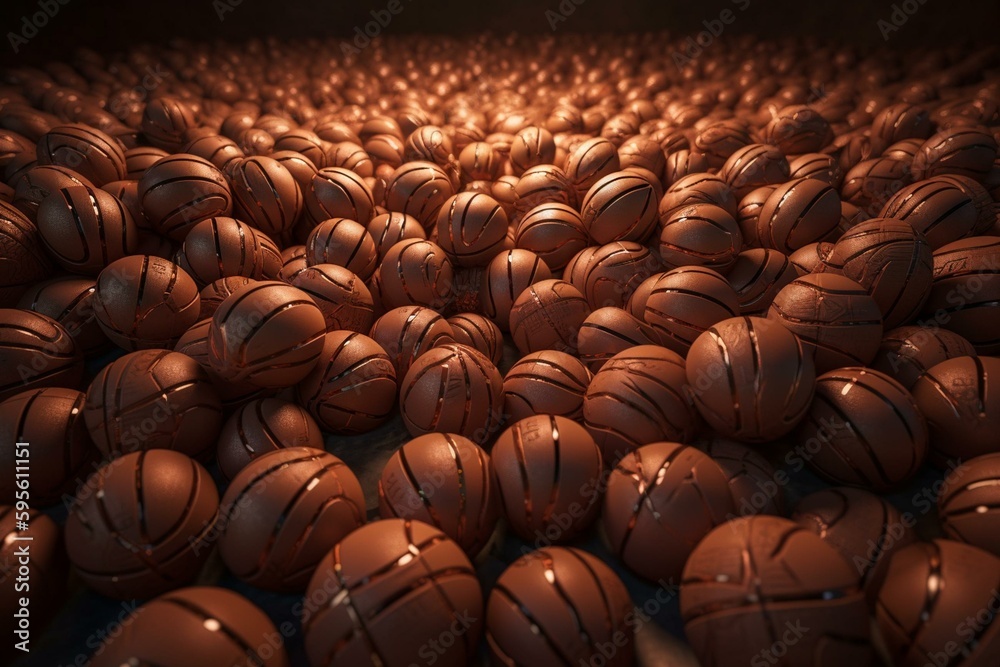 3D illustration of a panoramic view of a pile of basketballs. Generative AI