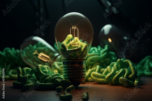 Concept of saving energy illustrated with green bulb against bright lamps  3D rendering. Generative AI