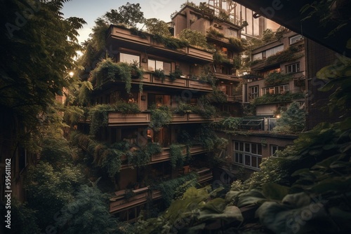 Stunning arboreal dwelling amidst urban metropolis. Generative AI