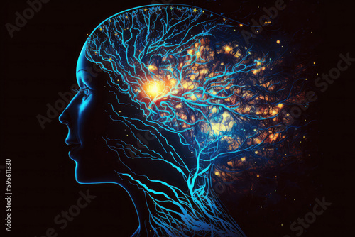 Meditation concept with human head silhouette glowing esoteric neurons in brain AI generated