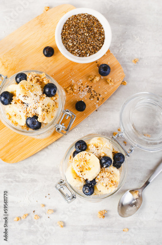 Overnight Oats, Oatmeal with Banana and Fresh Blueberry, Healthy Breakfast or Snack