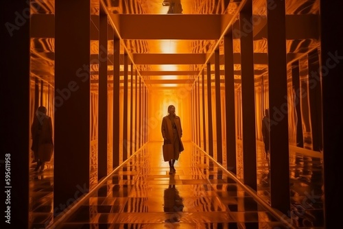 a person walking through an orange tunnel, in the style of gothic futurism. generative AI