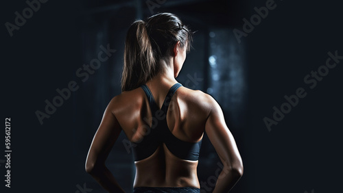 Trainierter Rücken eines schönen Fitness-Models im Fitnesscenter, generative KI © Pascal