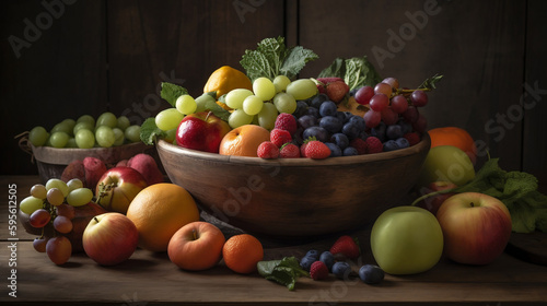 A bowl of fresh fruits and vegetables on a wooden table, AI Generated Image