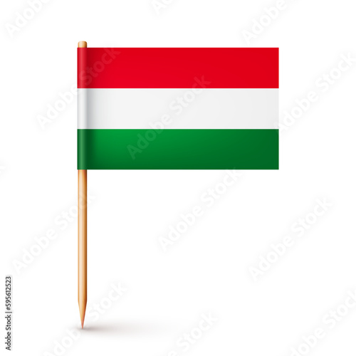 Realistic Hungarian toothpick flag. Souvenir from Hungary. Wooden toothpick with paper flag. Location mark, map pointer. Blank mockup for advertising and promotions. Vector illustration