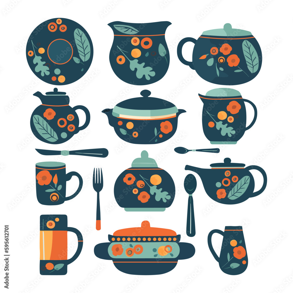 Kitchen utensils are ceramic. floral pattern. Porcelain or ceramic cup, dish, jug, teapot, saucepan, pitcher, spoon, fork, etc. Kitchen utensils are ceramic. floral pattern. Porcelain or ceramic cup, dish, jug, teapot, saucepan, pitcher, spoon, fork, etc.