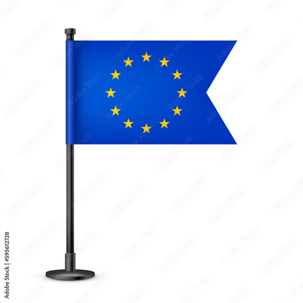 Realistic European table flag on a black steel pole. Souvenir from Europe. Desk flag made of paper or fabric and shiny metal stand. Mockup for promotion and advertising. Vector illustration Realistic European table flag on a black steel pole. Souvenir from Europe. Desk flag made of paper or fabric and shiny metal stand. Mockup for promotion and advertising. Vector illustration