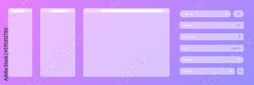 Blank transparent internet browser window with various search bar templates. Web site engine with search box, address bar and text field. UI design, website interface elements. Vector illustration