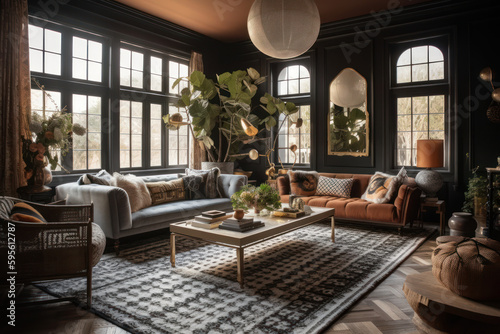 Interior design inspiration  a mix of eclectic  industrial  modern and vintage styles. Generative AI concept.