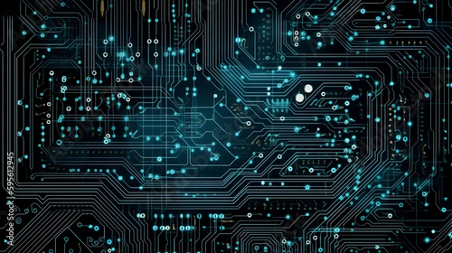 Modern technology circuit board illustration texture background design. Waves flow. Quantum explosion technology. Quantum computer technologies concepts. Blue background. Generative AI.