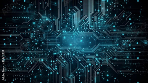 Modern technology circuit board illustration texture background design. Waves flow. Quantum explosion technology. Quantum computer technologies concepts. Blue background. Generative AI.
