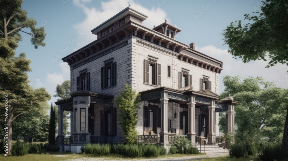 Italianate house exterior house design in daytime golden hour generative ai