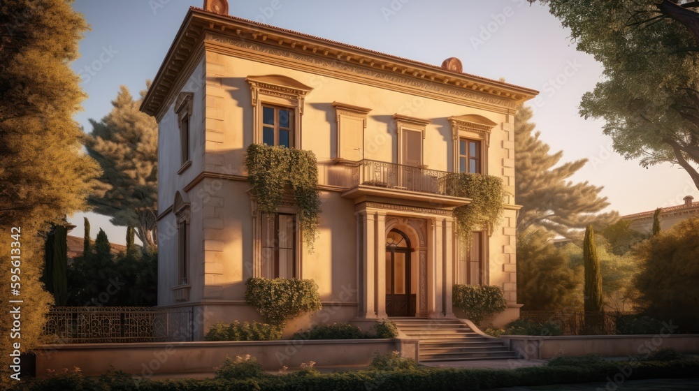 Italianate house exterior house design in daytime golden hour generative ai