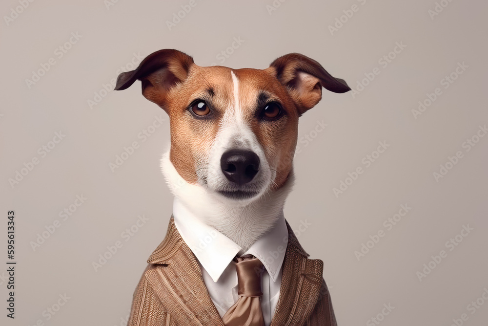 Dog in business suit isolated on gray background. Generative AI