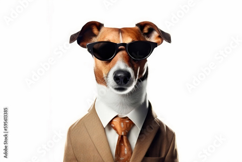 Dog businessman in sunglasses and business suit isolated on white background. Generative AI © Evgenia