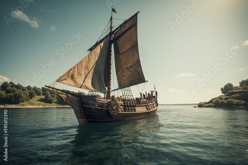 Medieval vessel sailing beside shore with modern technology. Generative AI