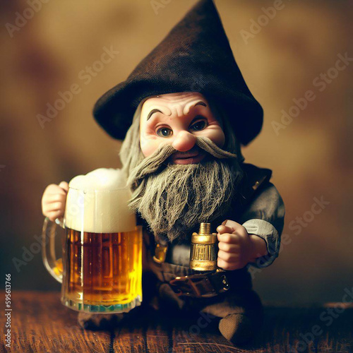 Happy dwarf drinks beer from a large mug Generative AI