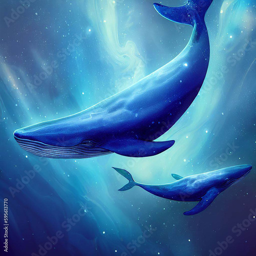 Blue whales swim in the depths of the ocean Generative AI