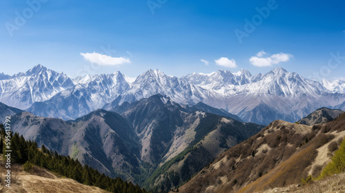 A panoramic view of a mountain range with snow-capped peaks, AI Generated Image © Finn