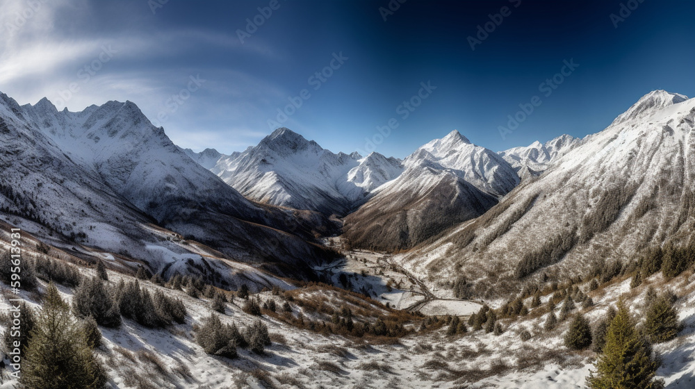 A panoramic view of a mountain range with snow-capped peaks, AI Generated Image
