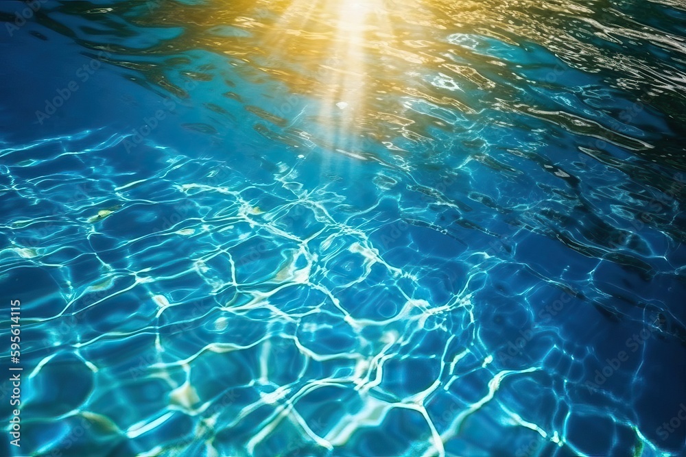 Fototapeta premium Blue water surface with bright sun (Ai generated)