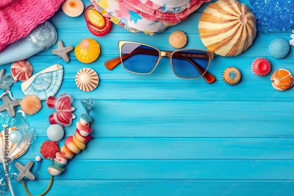 Beach accessories on Blue summer holiday background (Ai generated)