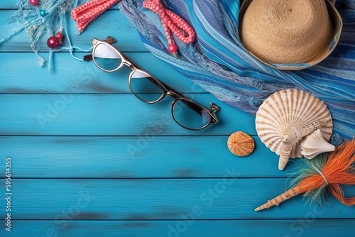Beach accessories on Blue summer holiday background  Ai generated 