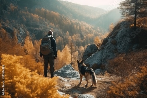 Man hiking with dog, mountain travel (Ai generated) © thesweetsheep
