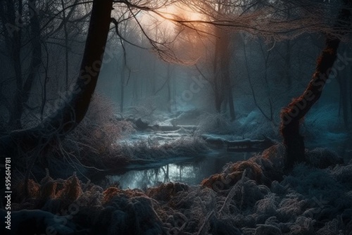 Winter scene of a mystical forest at twilight. Generative AI