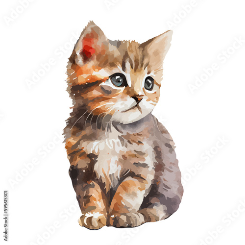 Cute portrait of cat watercolor isolated on white background. Kitty cartoon watercolor graphic vector illustration