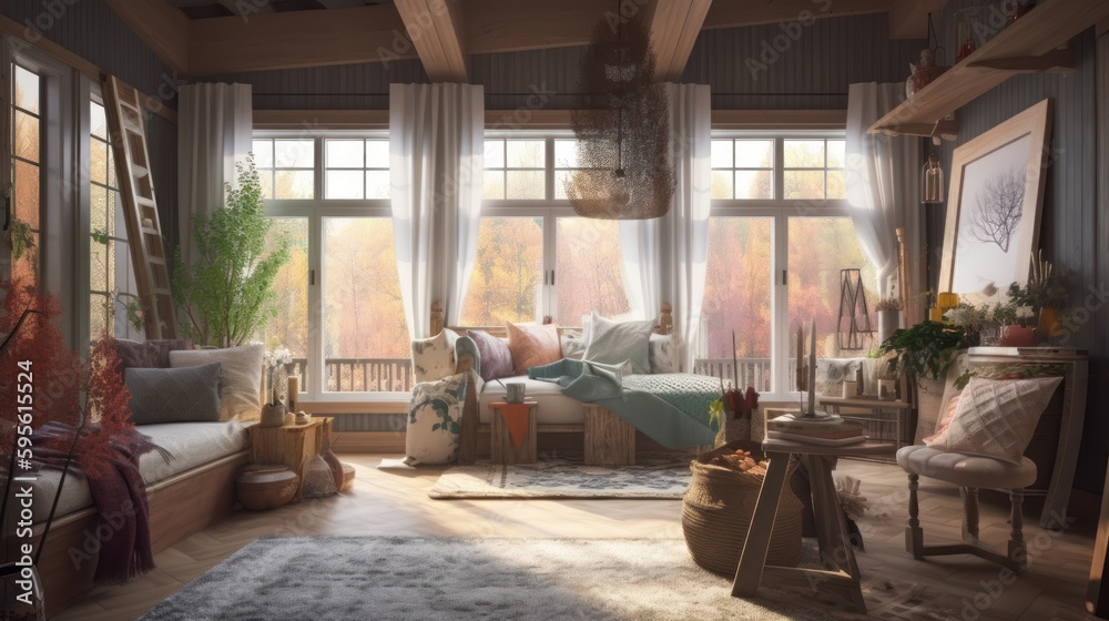 Fototapeta premium Cottagecore interior design room with beautiful lightning generative ai