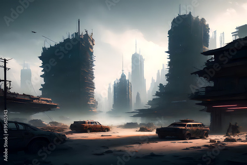 Generative AI illustration of postapocalyptic city in daylight
Beautiful landmark of a postapocalyptic city with destroyed buildings around it