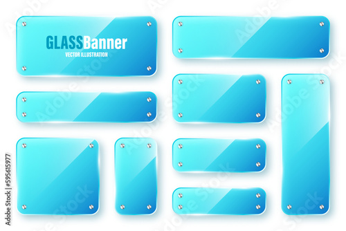 Realistic isolated glass frames collection. Blue transparent glass banners with flares and highlights. Glossy acrylic plate, element with light reflection and place for text. Vector illustration