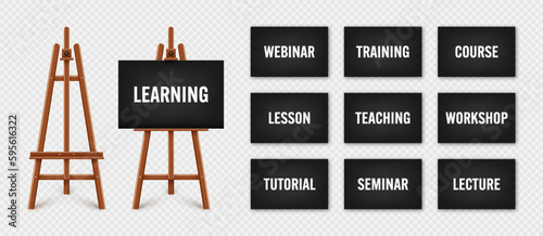Realistic paint desk with text on black canvas. Wooden easel and a sheet of drawing paper. Presentation board on a tripod. Online studying, e-learning and education, web tutorial. Vector illustration