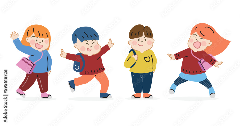 Happy cute kid with backpacks go to school. Cartoon hand drawn character vector isolated on white background.
